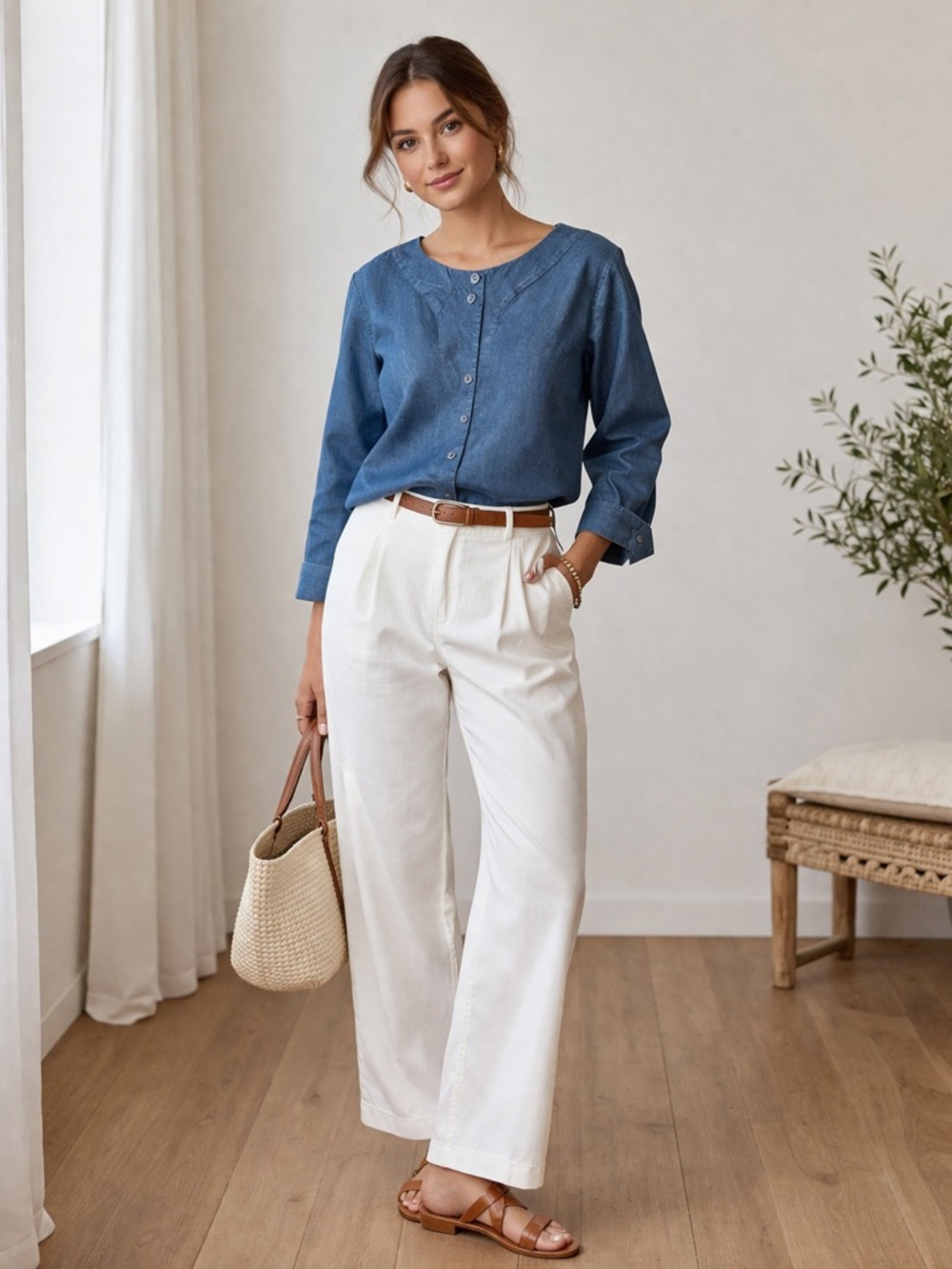 Kate Spade Saturday Chambray Blue Button Front Blouse Small Minimalist Cotton